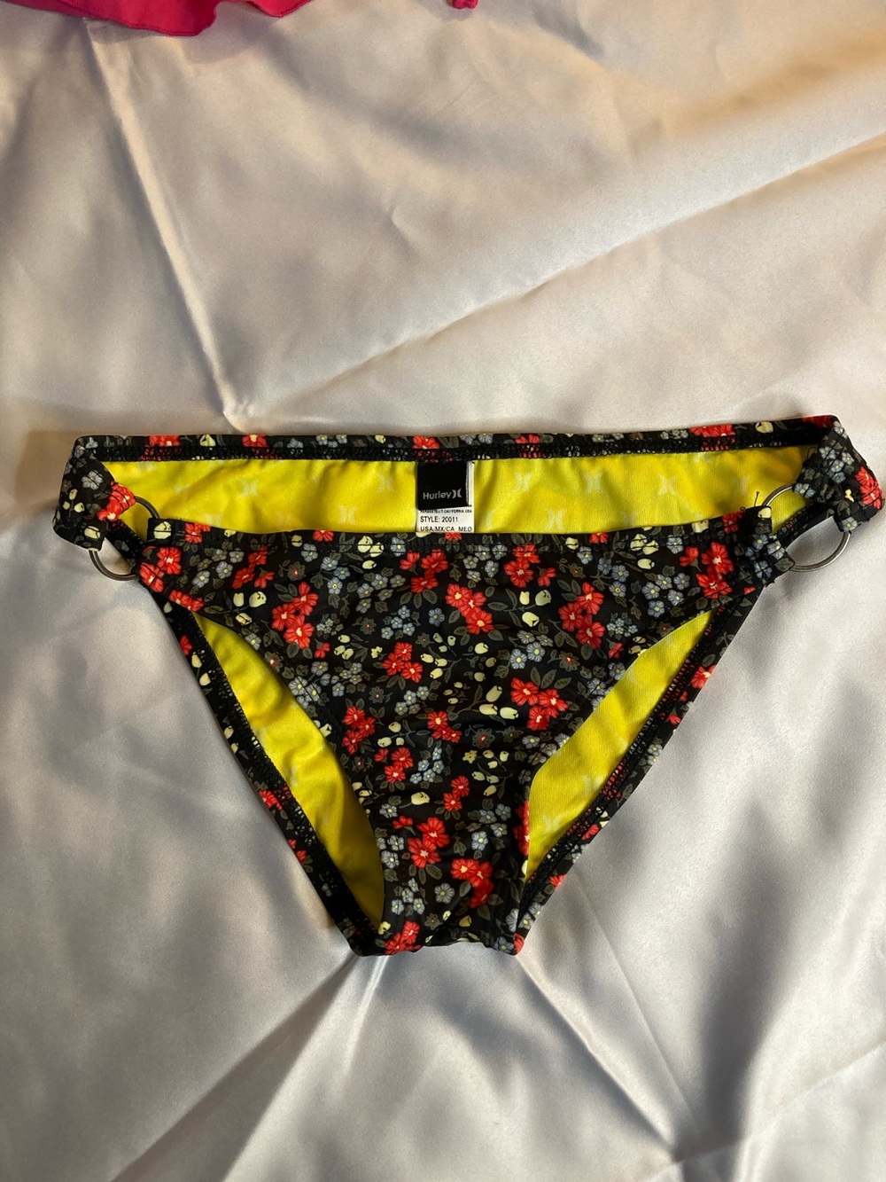 Hurley Black Floral Bikini Bottom with Red Flowers